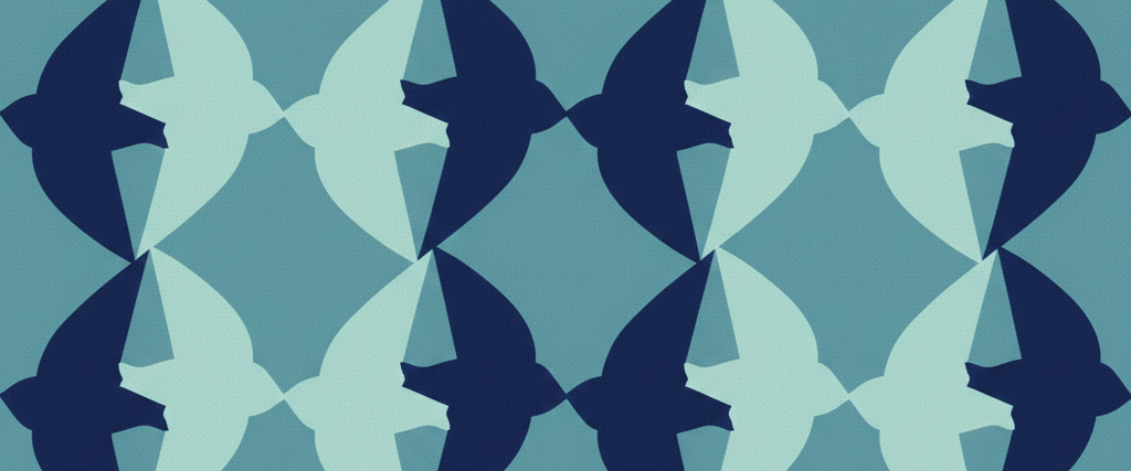 Abstract pattern of interlocking geometric birds in varying shades of blue.