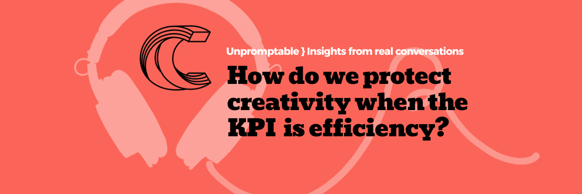 Logo for Catherine Richards layered on top of a pair of podcast headphones and the text How do we protect creativity when the KPI is efficiency?